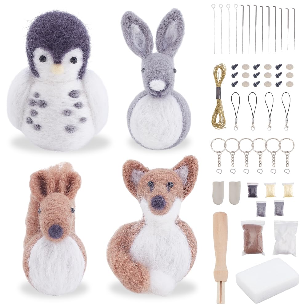 FREEBLOSS 4 Set Needle Felting Kit Animals Needle Felting Set, Needle Felting Keychain Kit with Instructions Felting Kits for Beginners Felting Squirrel, Felting Fox, Felting Rabbit, Felting Owl