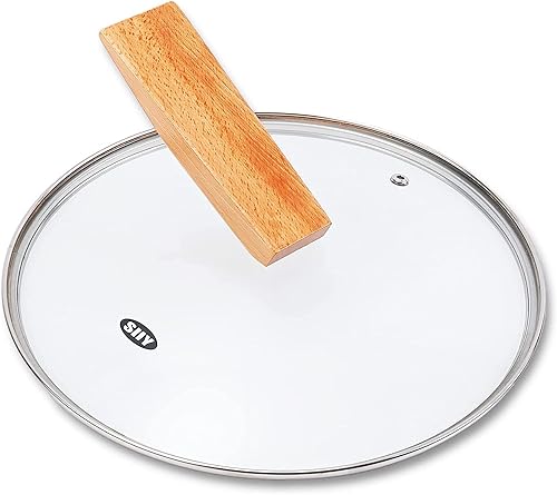 Tapa universal de vidrio templado con perilla de tapa de madera con cabeza de pescado grueso, tapa para olla de cocción lenta, transparente, sin