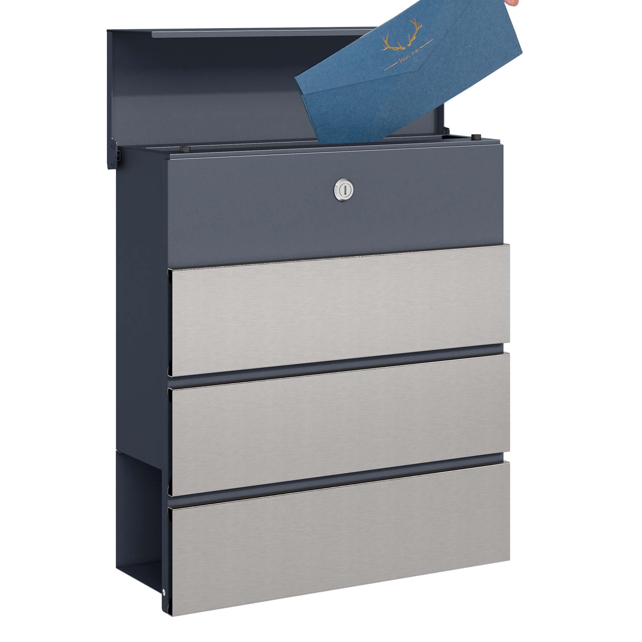 Buzón de diseño V62 Antracita/Acero INOX V64 410 x 130 x 370 mm de Pared con Cerradura y Hueco para periódico Hecho en Acero INOX V64 con Recubrimiento en Polvo