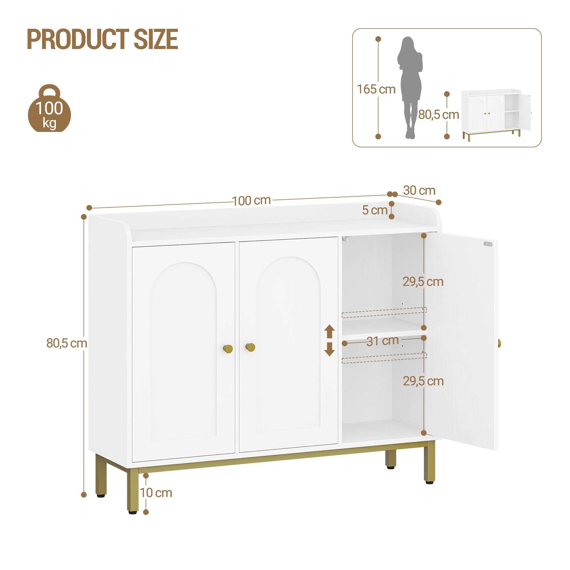 Hzuaneri Aparador, Gabinete de Almacenamiento con 3 Puertas, Aparador Multifuncional con Estantes Ajustables, Mueble baño, para Sala de Estar, Cocina, 30 x 100 x 80,5 cm, Blanco SC21313G