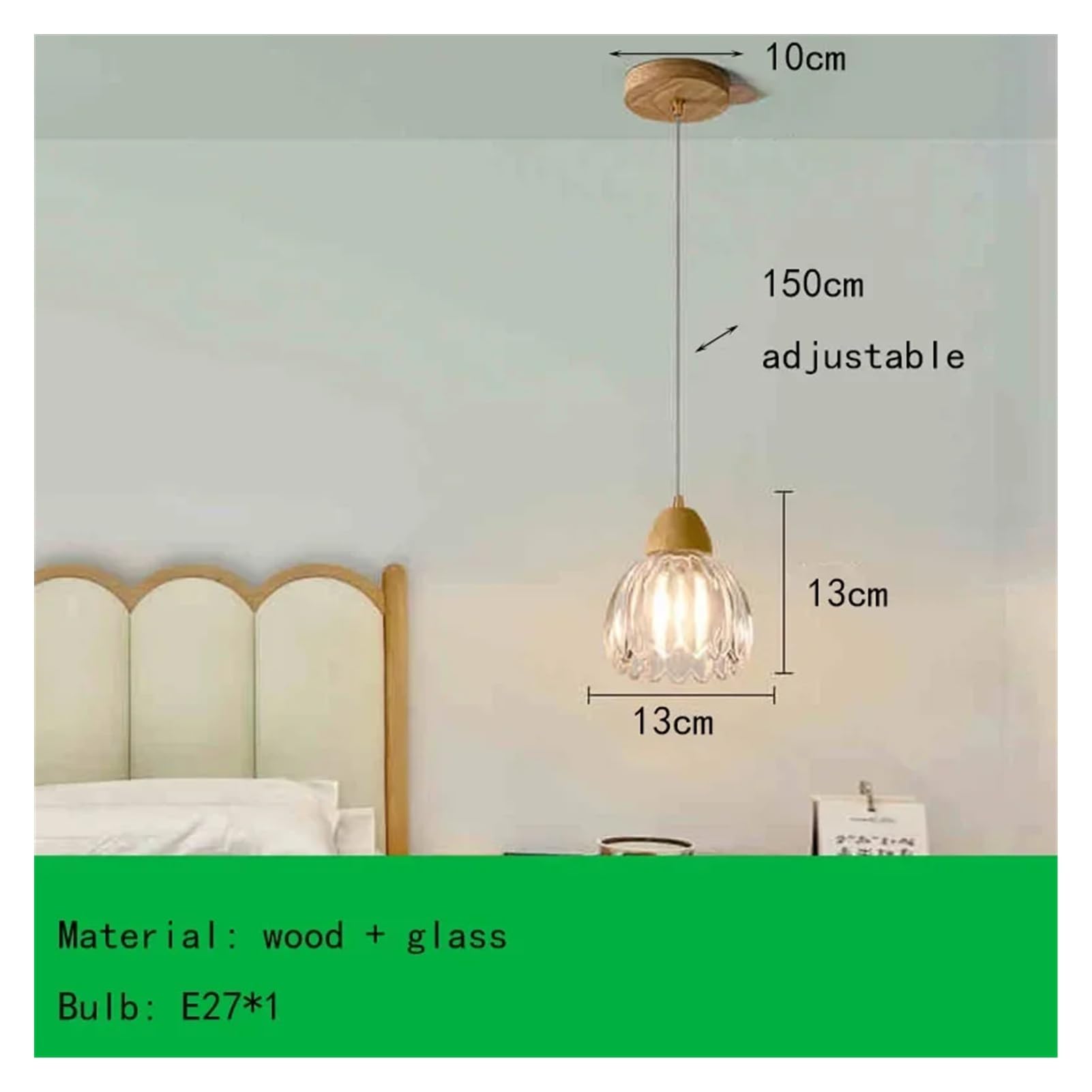 Generico Lampadario, Lampada a sospensione moderna in vetro trasparente con lampada in legno for sala da pranzo, comodino, corridoio, lampadina E27 regolabile(Warm)