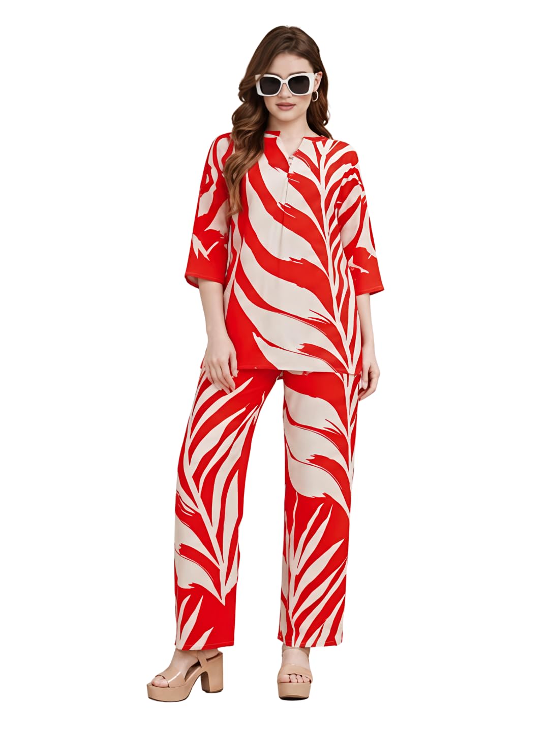 Women's Cotton Blend Animal Print Top & Trouser Night Suit Set Red-picture-42