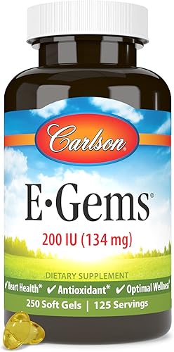 Carlson E-Gems 200 UI (134 mg), vitamina E de origen natural, bienestar óptimo, 250 geles blandos
