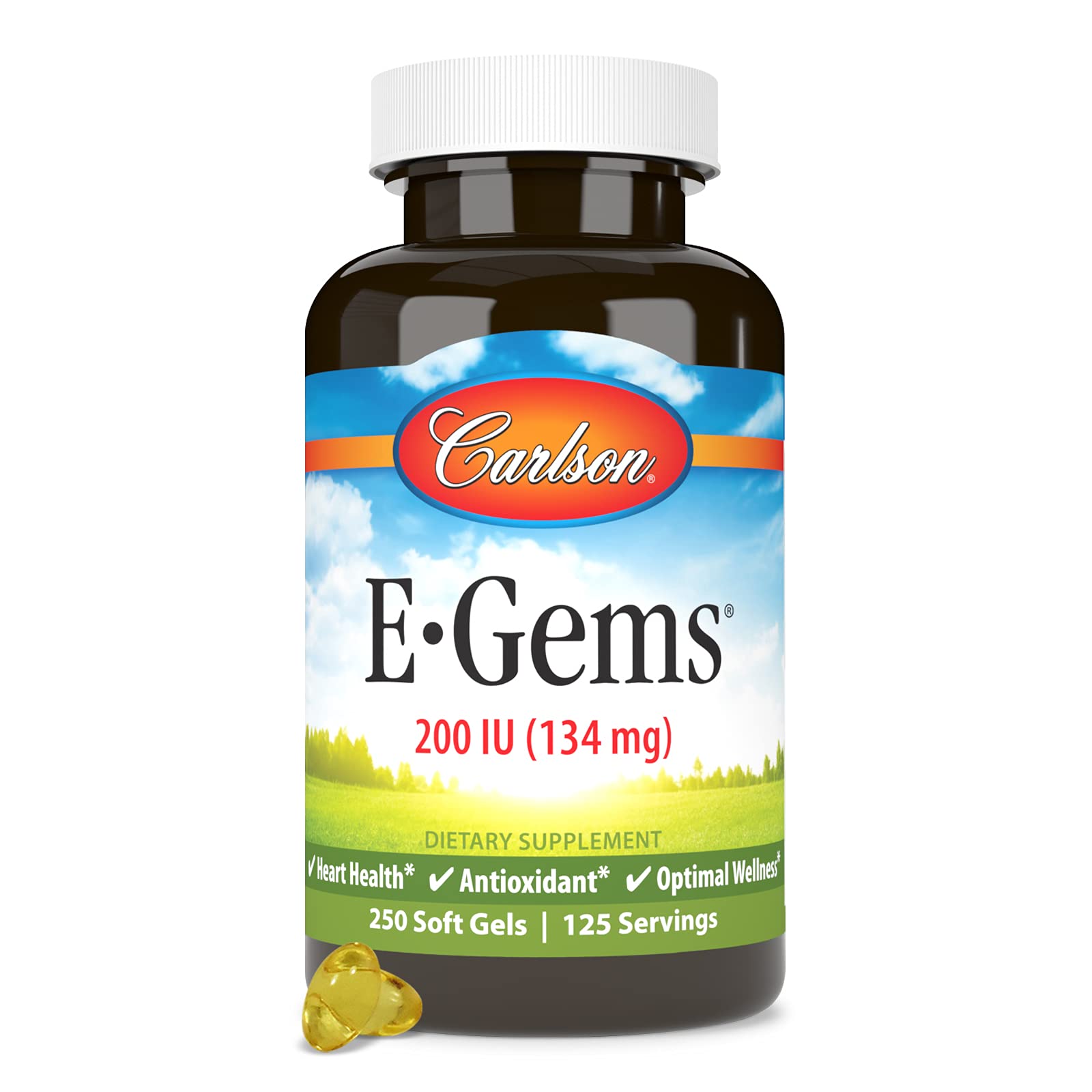 Carlson E-Gems 200 IU (134 mg), Natural-Source Vitamin E, 250 Soft Gels 1 Count (Pack of 250)
