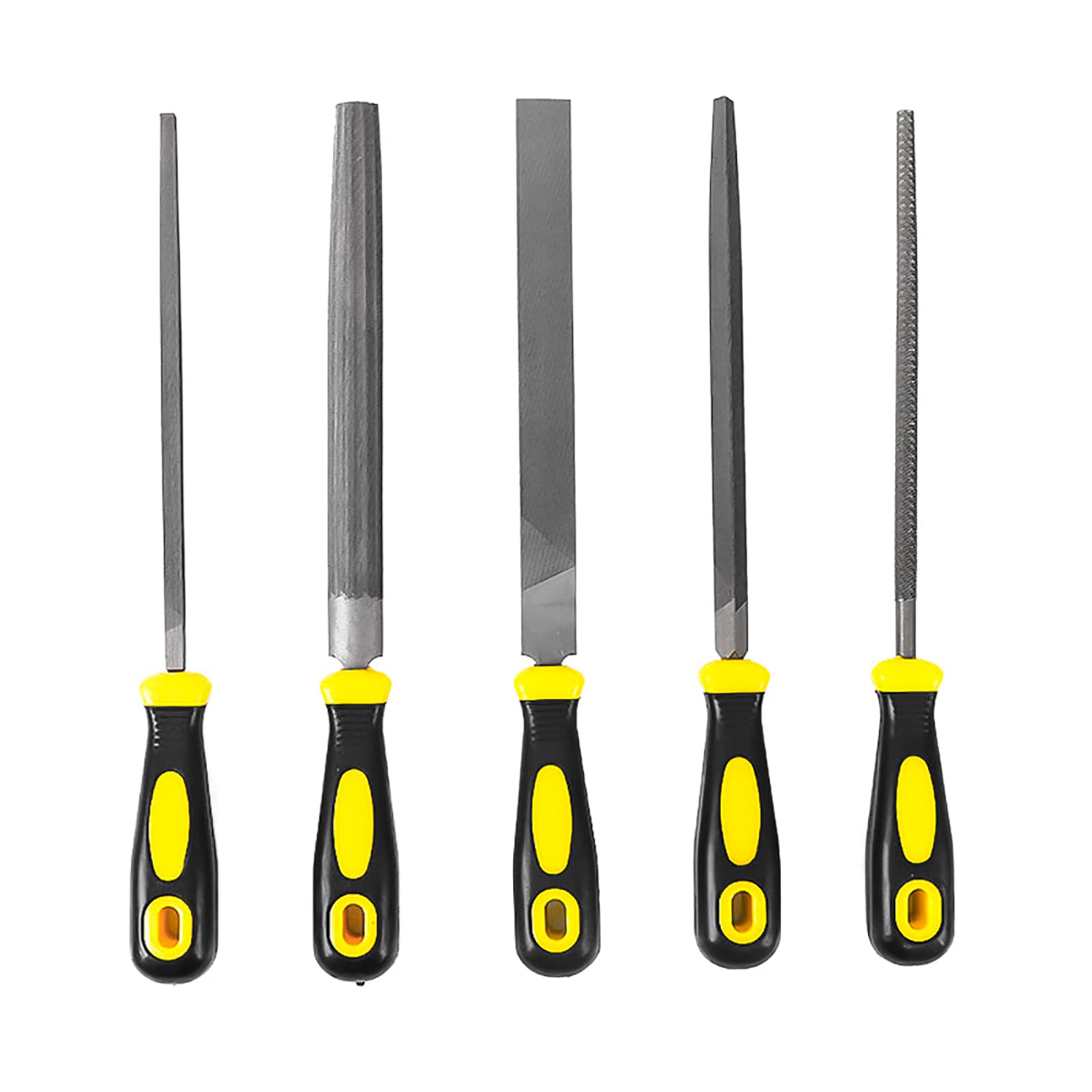 Juegos de herramientas manuales, juego de limas, escofina for madera, acero al carbono, juego de limas de metal de 5 piezas con lima plana, cuadrada, triangular, redonda y semirredonda(Size:310mm)