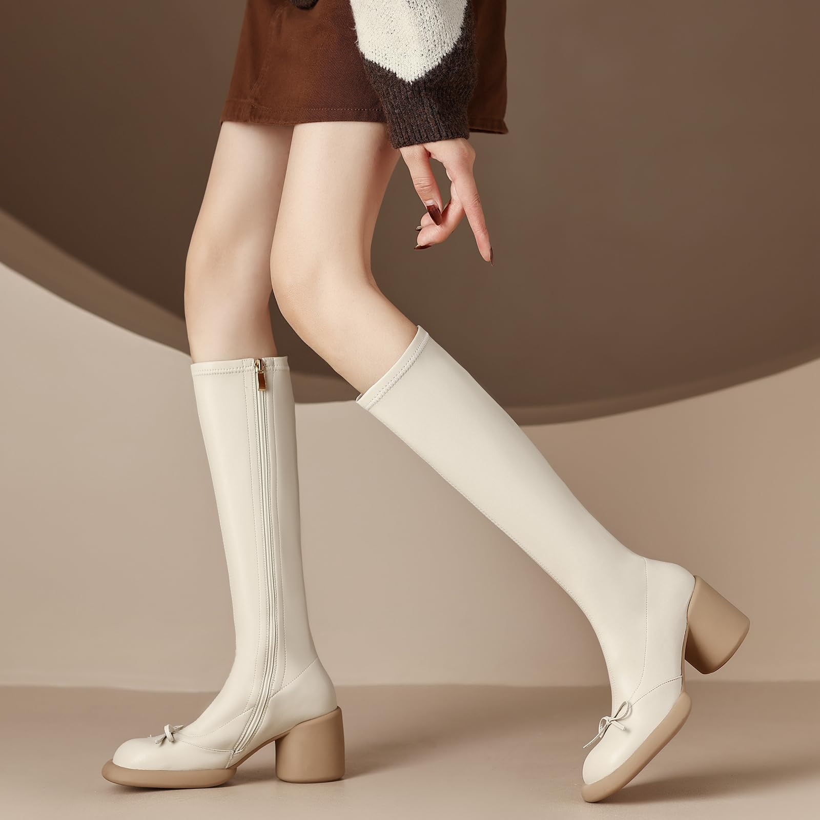 Botas altas de cuero para mujer tacón de bloque rodilla botas de montar con cremallera