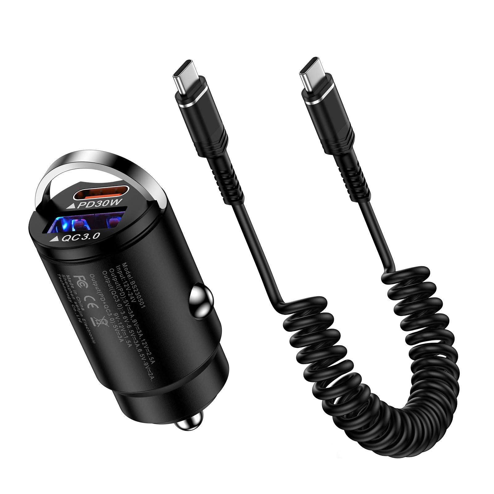 シガーソケット 急速充電器 Type-C 2ポート 30W+60W USB C ケーブル 1.2m コイル型 伸びる PD&QC3.0対応/USB-A&USB-C/12V-24V Hootek カーチャージャー タイプC ケーブル 車 充電器 シガーソケット iPhone 17/16/15、Galaxy S26、iPad Pro/Air/Mini、Android/IQOS対応(ブラック)