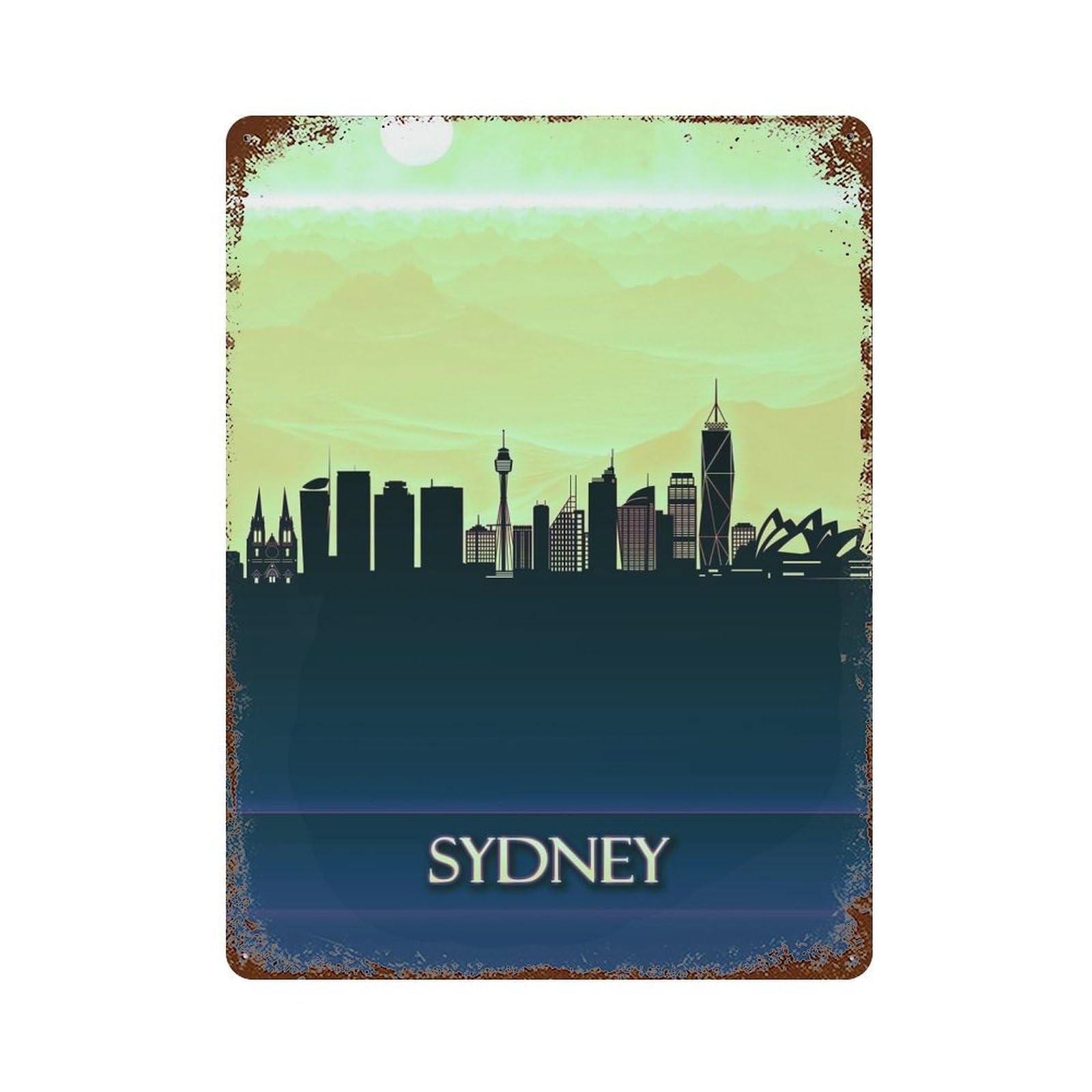 Sydney City Skyline 15.7"x11.8" Weathered Tin Sign, Shabby Chic Decor for Cafe, Home Bar And Lounge Decor
