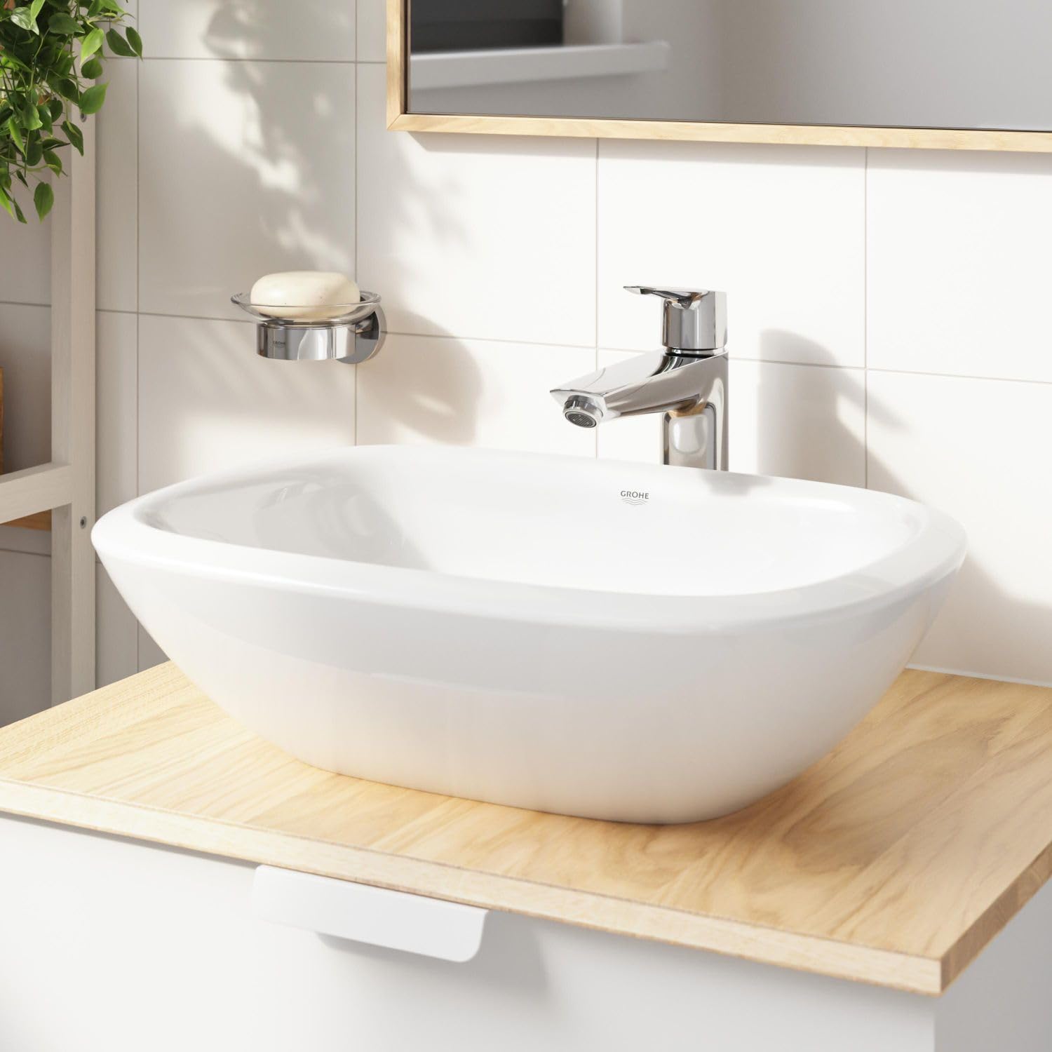 GROHE Start, Waschtischarmatur hoch, wassersparend (Wasserhahn für das Bad, Badarmatur mit Push-Open Ablauf, 26cm hoch, mit 3in1 Werkzeug, einfache Installation), chrom, 24165003
