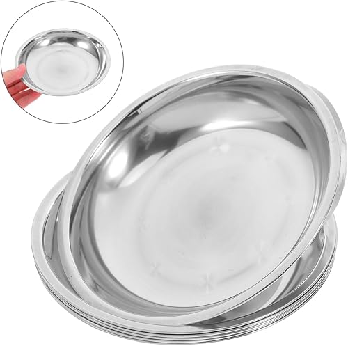Miniatura 7 de Hemoton 6 platos redondos de acero inoxidable, bandejas de metal de 6.3 pulgadas para almacenamiento de alimentos, platos aptos para lavavajillas