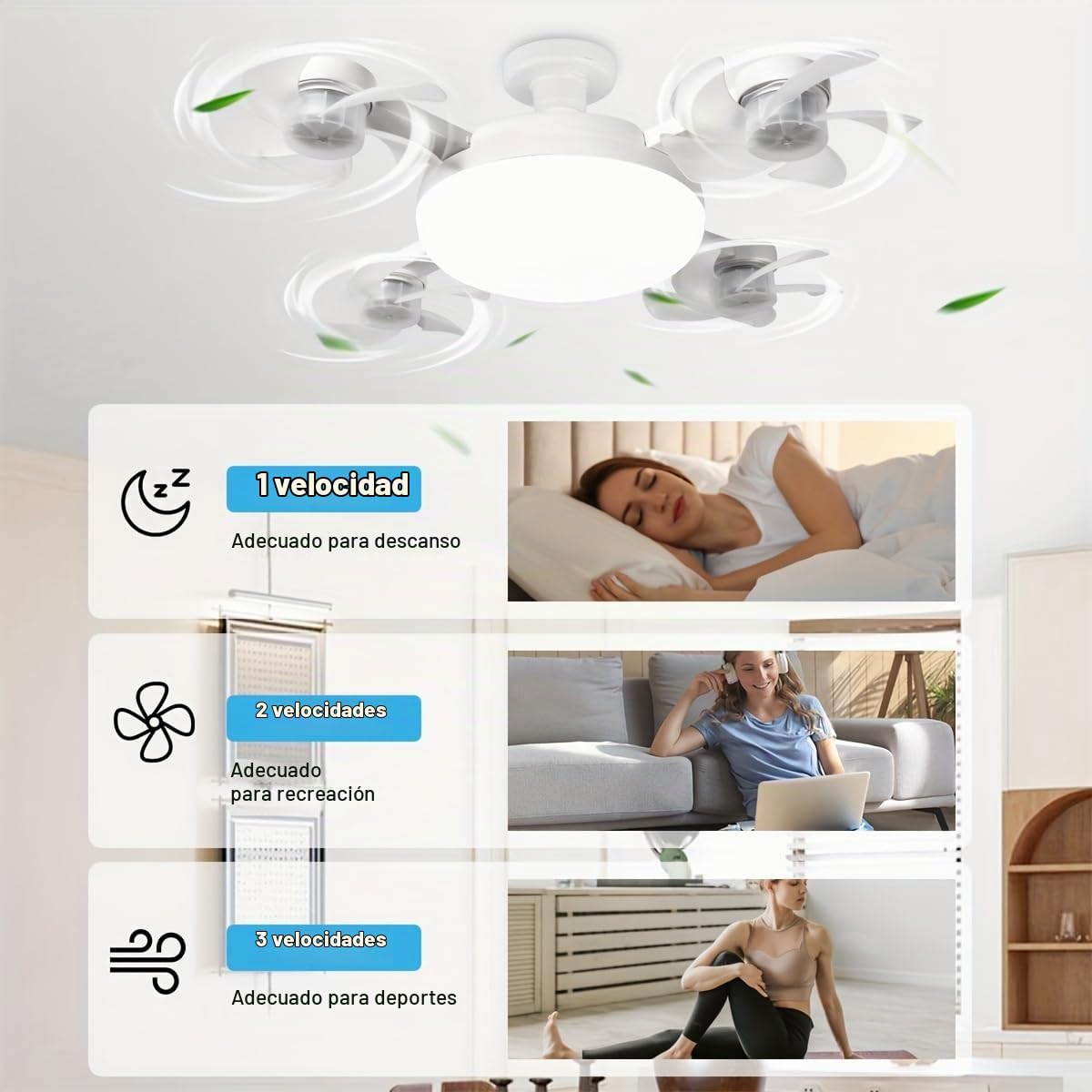 Ventilador de Techo con Luz LED Silencioso, 3 Velocidades y Aspas Retráctiles, Lámpara de Techo con Ventilador para Dormitorio, Salón, Oficina | Diseño Moderno, Control Remoto (Blanco, 4 cabezas)