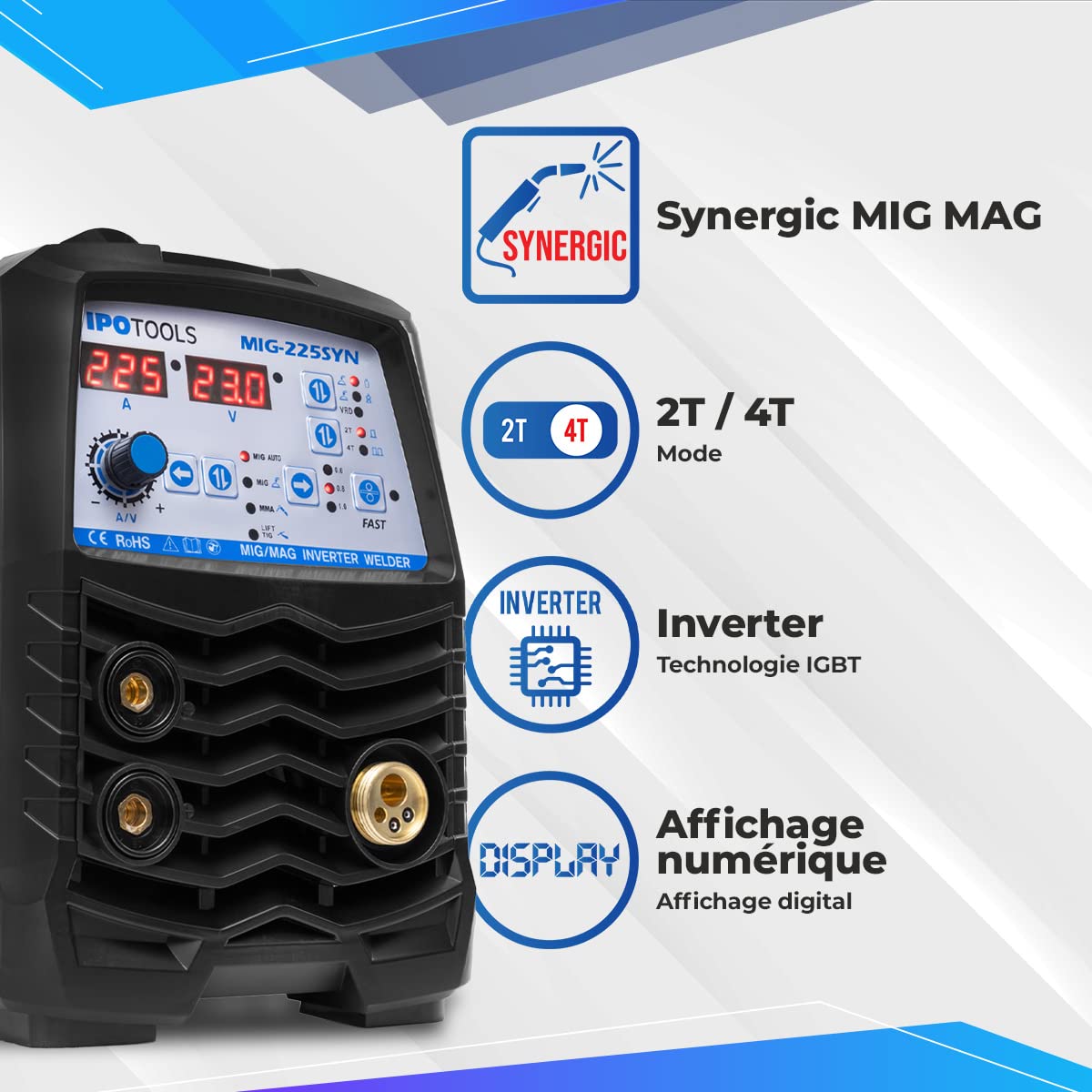 IPOTOOLS MIG-225SYN poste a souder MIG MAG Synergy – Synergie Poste à souder MIG avec 225A 230V IGBT, 5 en 1 Poste MIG Flux MMA électrodes, Poste de Soudage Portable, garantie de 7 ans