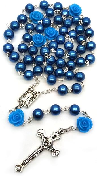 Amethyst Catholic Rosary Necklace 6mm Purple Pearl Beads Rose Flower Cross Religious Necklace Dark Blue