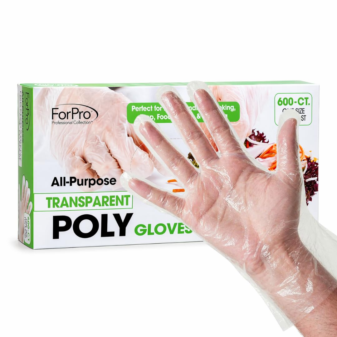 Photo 1 of ****BOX DAMAGED **** ForPro Disposable Poly Gloves, Food Grade, BPA-Free, Latex-Free, Powder-Free, Lightweight Plastic Gloves for Cooking, Food Prep, Food Service, One Size Fits Most, Clear, 600-Count