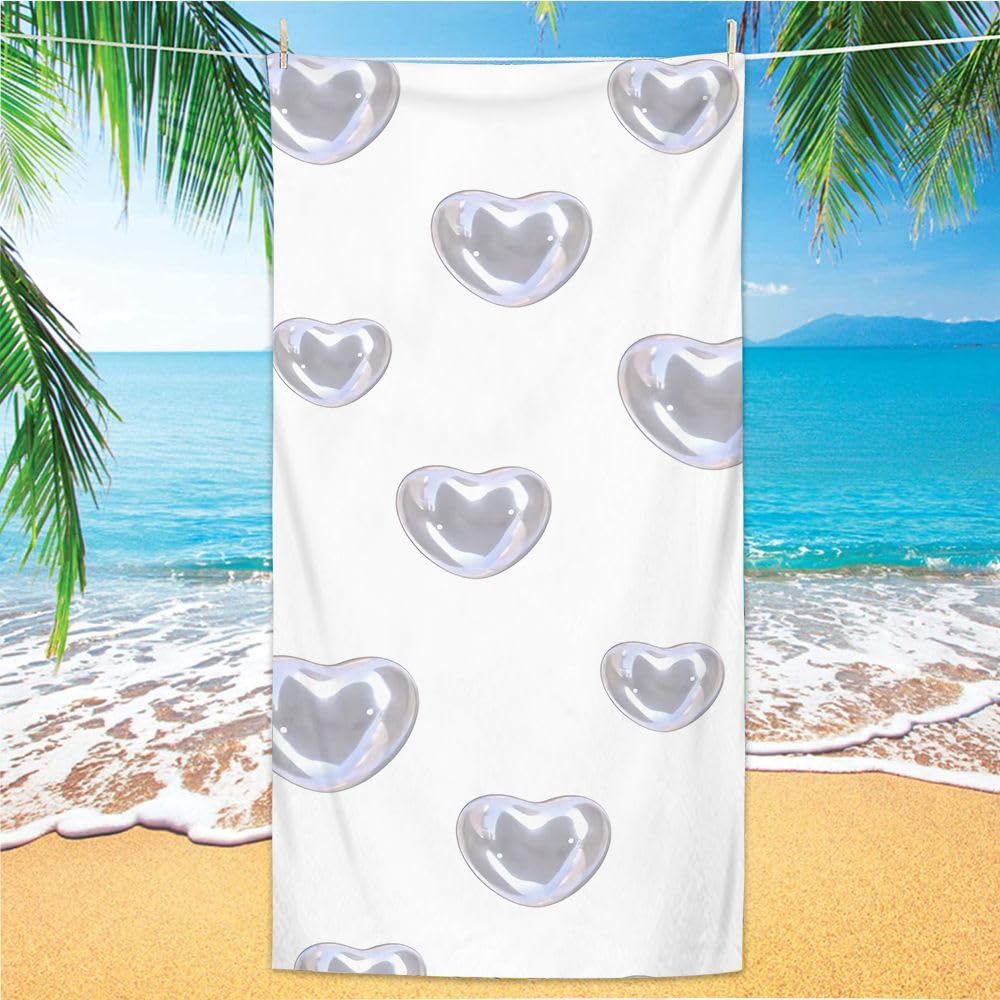 Grande telo mare in microfibra per adulti e bambini, morbido, colore argento, beige, a forma di cuore, asciugamano da bagno per nuoto, sport, palestra e viaggi, 80 x 160 cm