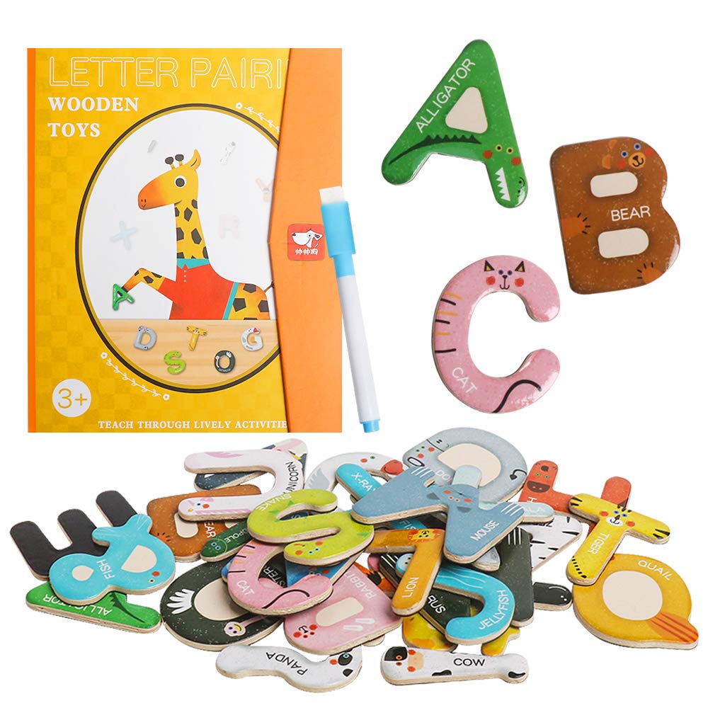 USATDD Jumbo Magnetic Animals Alphabets with Board Colourful Letters Toys Refrigerator Magnet Stick Paper Preschool Learning Spelling Tools Writing &Matching Games Homeschool Supplies for Toddler