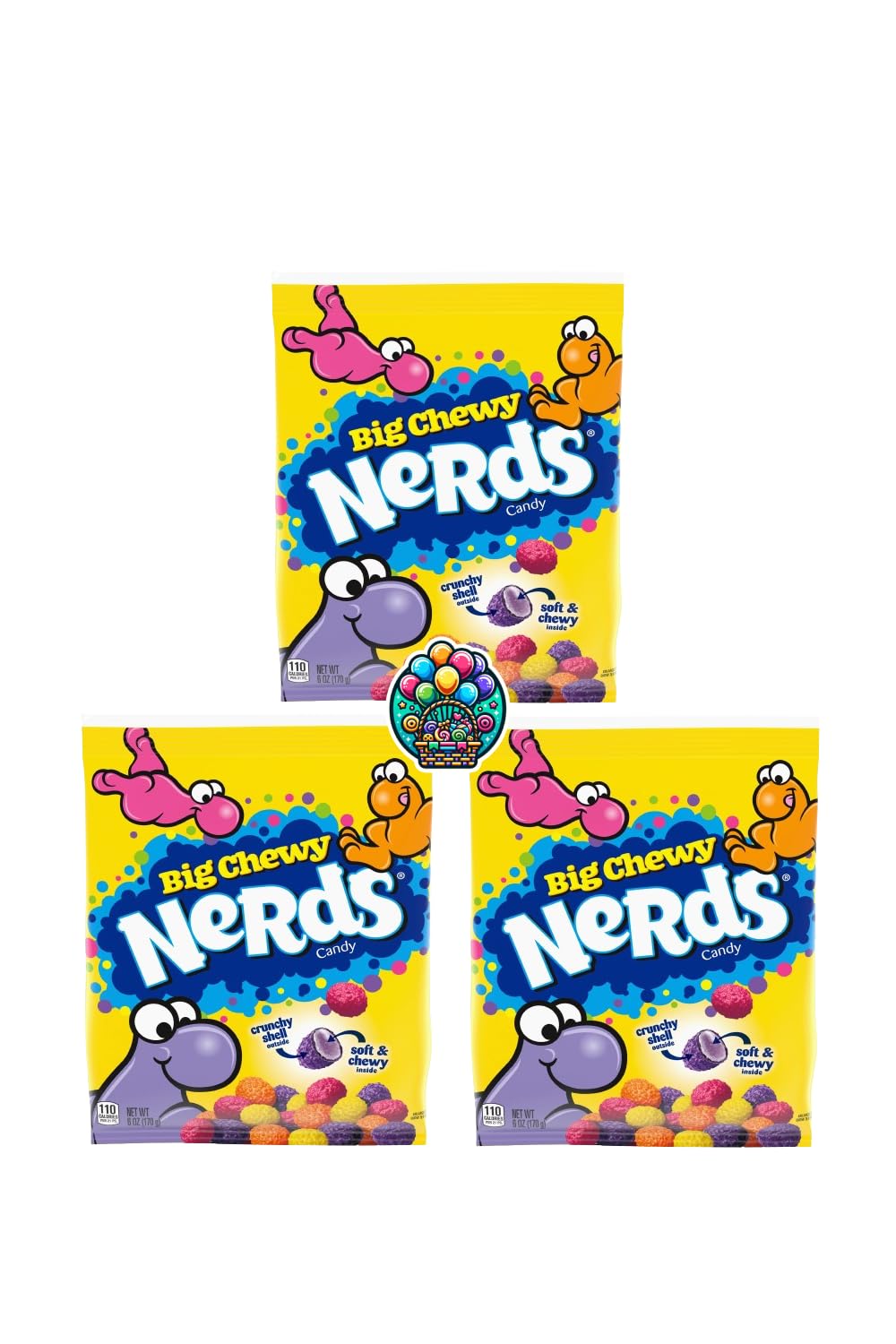 NERDS Big Chewy Candy - 6oz. (Pack of 3) Share Size Peg Bag for Halloween, Christmas and more in a NikAn Supplies Bag