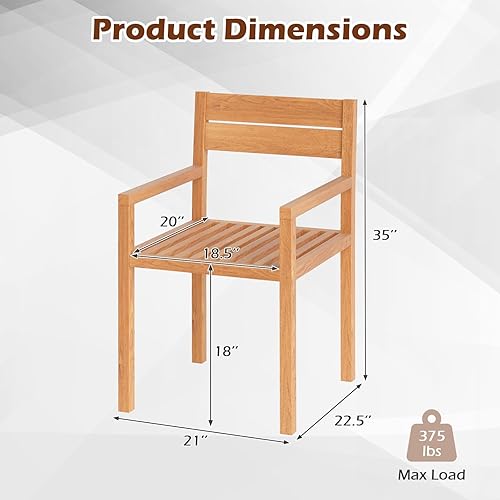 Miniatura 3 de Tangkula Silla de madera de teca para exteriores, sillón de comedor con asiento y respaldo de tablillas, muebles de asiento de madera maciza
