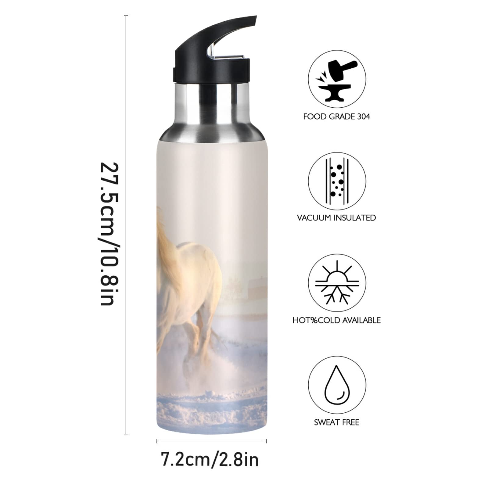 Vnurnrn Simpatico Cavallo Zebra Animale Bottiglia Acqua Acciaio Inox, Isolato Borraccia Termica Senza BPA 600ML per Bevande Calde e Fredde per Bambini Sport Ciclismo Scuola