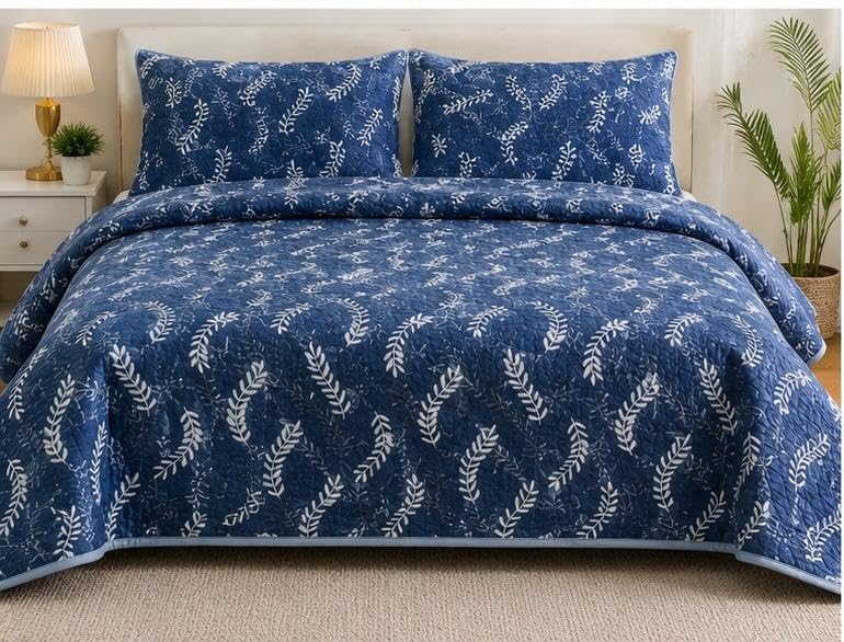 cotton blend ultrasonic 280 tc soft, lightweight, stitch-free design solid king size double bed quilted bed cover bedsheet with 2 pillow covers (228 x 254 cm, blue tree)