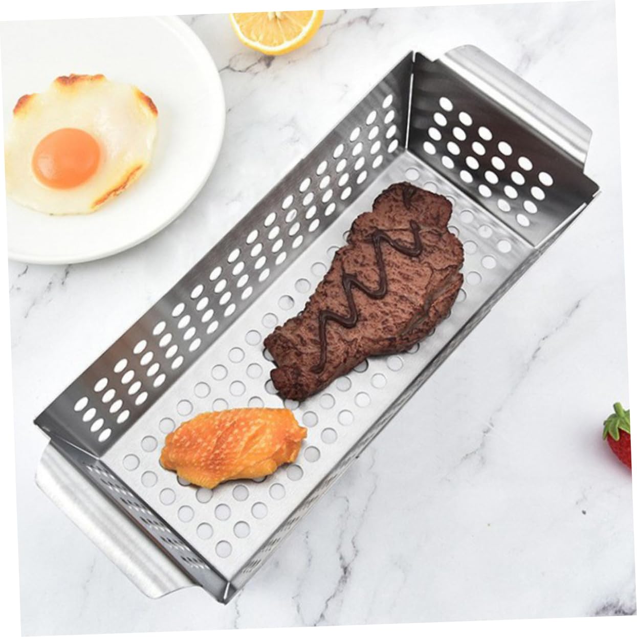 Griglia per barbecue in acciaio inox, 28,5 x 13 x 6 cm, griglia per barbecue a rete per grigliare verdure, pesce e carne, perfetto per grigliate estive