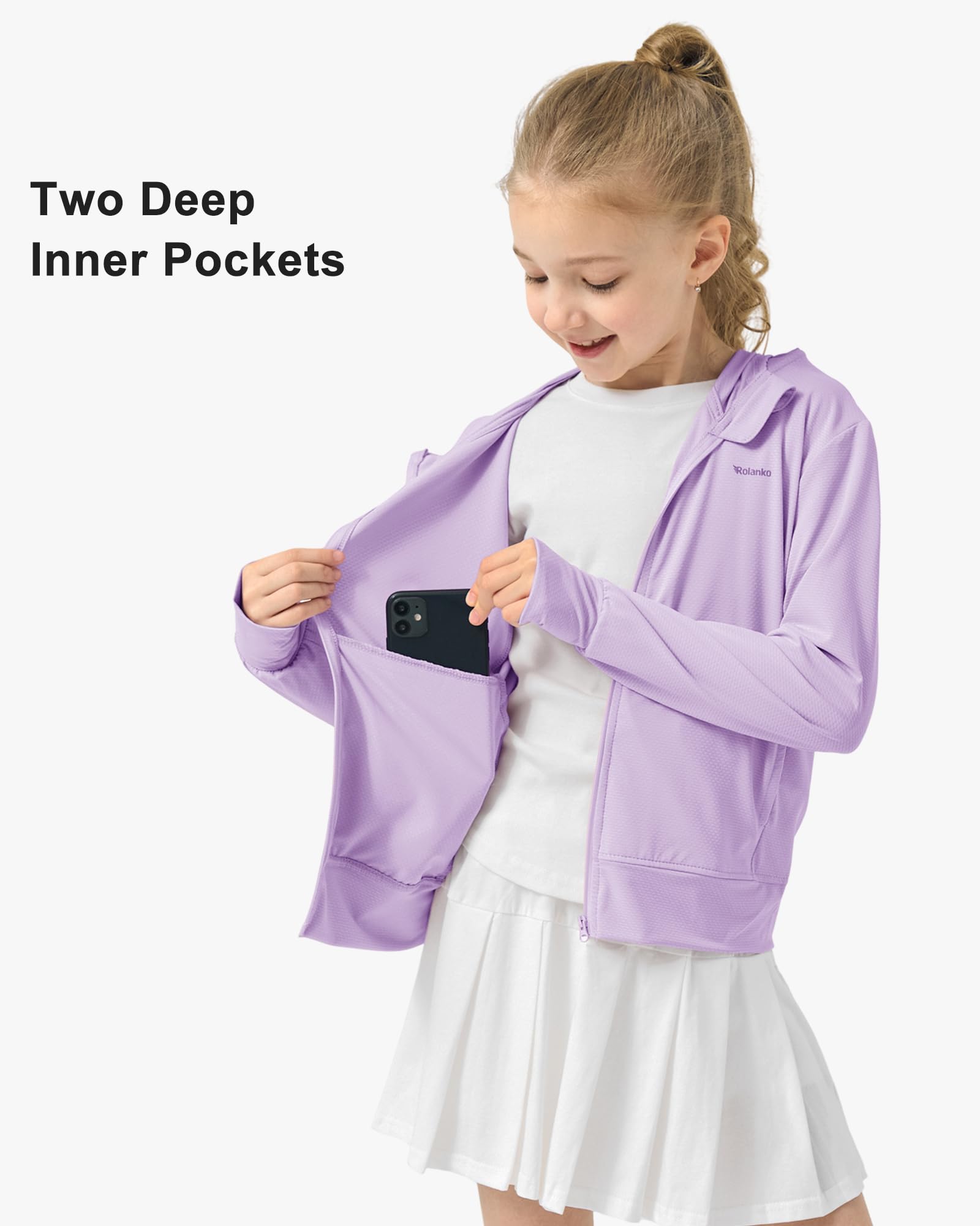 Rolanko Giacca Estiva per Ragazze con Fori per i Pollici Manica Lunga Protezione Solare Asciugatura Rapida Felpa con Cappuccio con Cerniera Top Rash Guard per Bambini