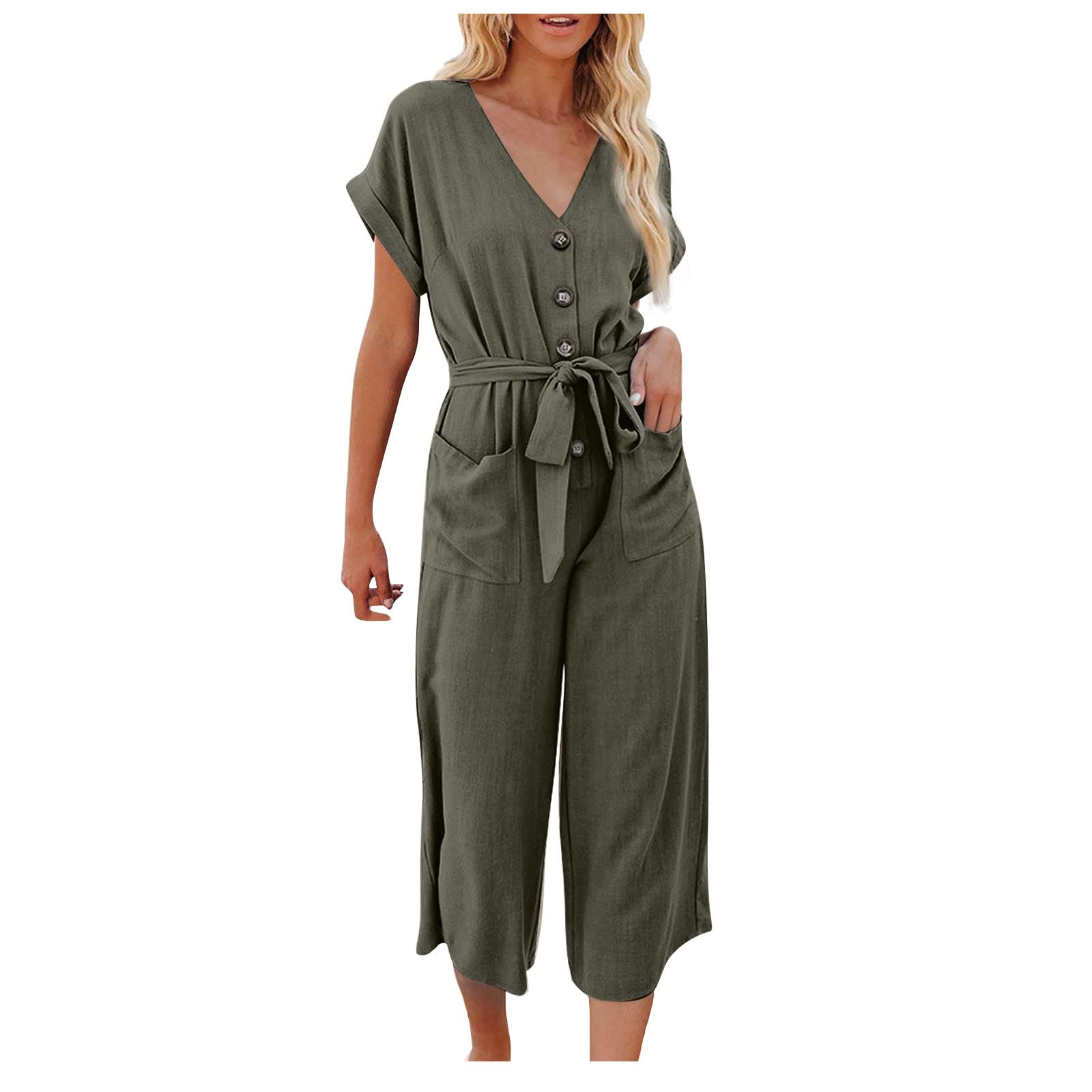 Damen Overall Sommer 7/8 Lang - Weite Beine, V-Ausschnitt Mit Gürtel