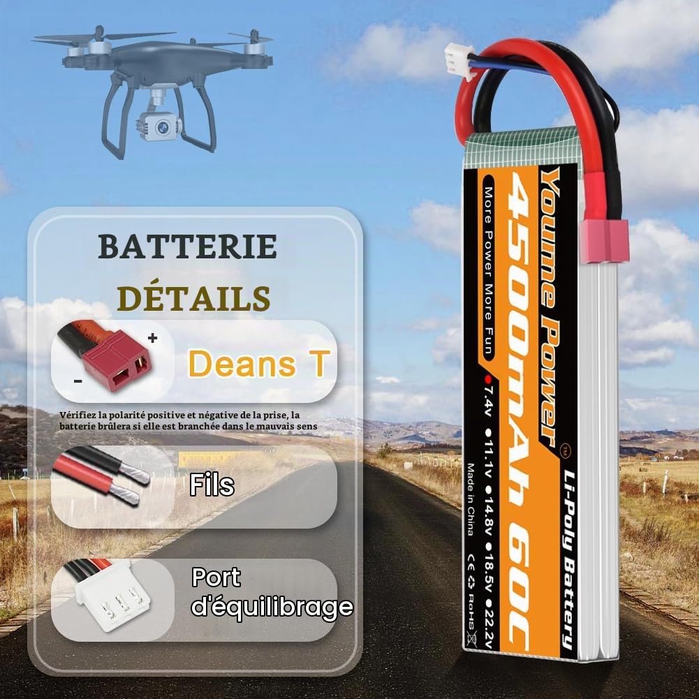 Youme 2S LiPo Batterie 7.4V 4500mAh 60C Prise T pour RC Camion Drone 2pcs