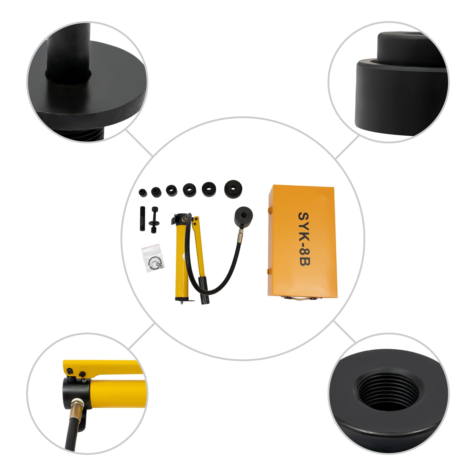 Set di punzonatrici idrauliche da 8T, perforatore idraulico, pompa idraulica, set in valigetta con 6 fori Ram sono adatti per molti materiali come alluminio e acciaio plastica.