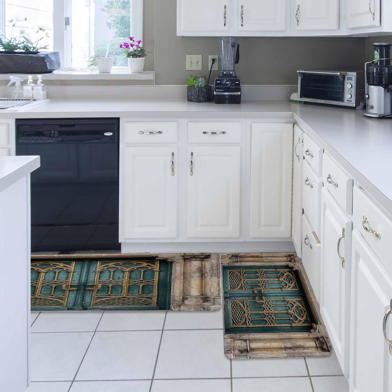 Turquoise Vintage Door Kitchen Rugs and Mats Set of 2, Non-Slip Kitchen Sink Mat, Countryside Barn Abstract Art Washable Doormat Bathroom Rugs Runner for Bedroom/Living Room 19.7"x31.5"+19.7"x63"