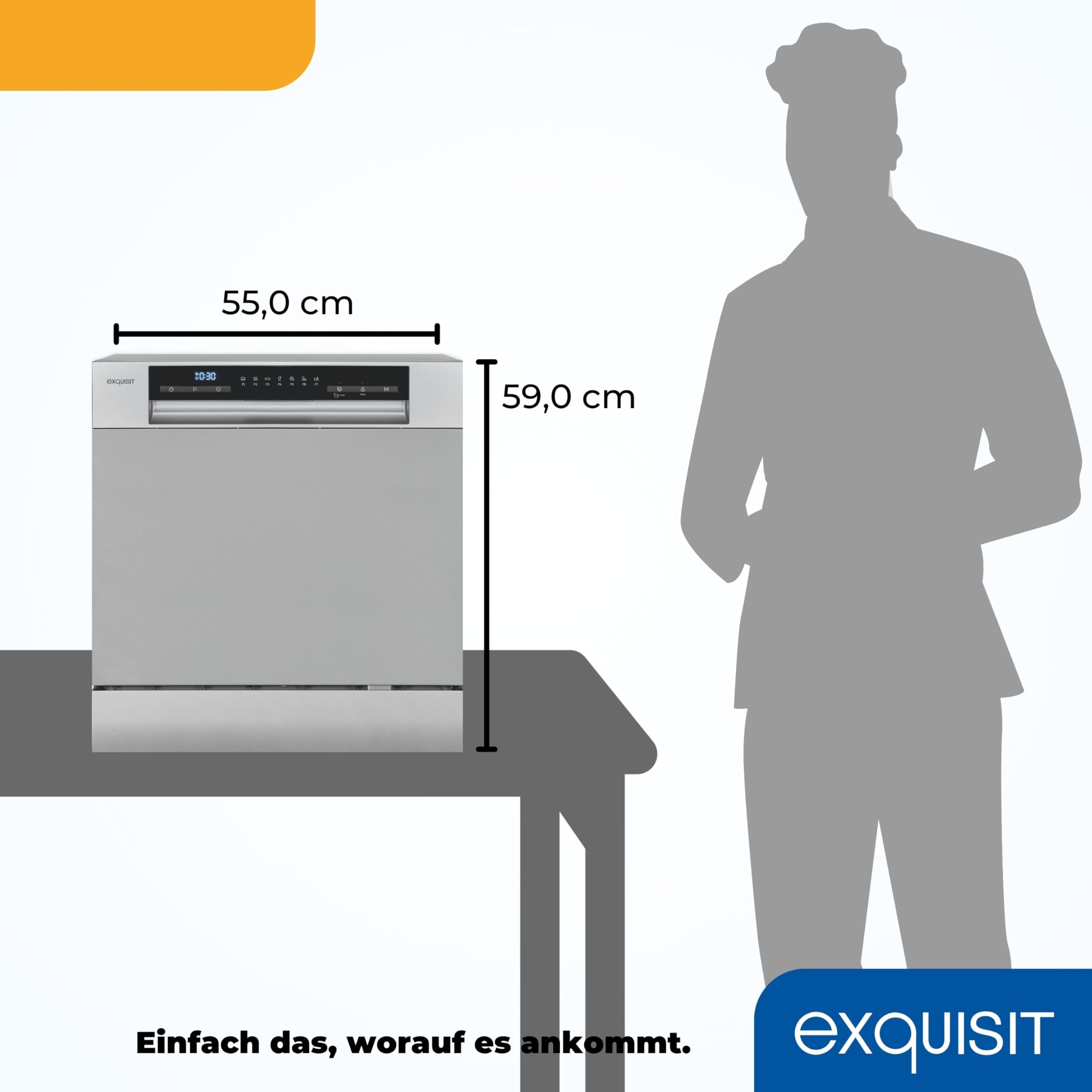 Exquisit Zmywarka stołowa GSP508-030D srebrna | zmywarka 55 cm wolnostojąca | mała zmywarka do naczyń 8 rozmiarów | zmywarka stołowa wyświetlacz LED
