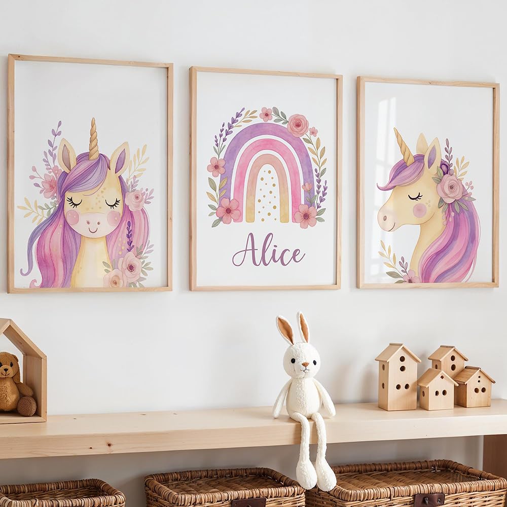 3 Laminas Decorativas Unicornio 30X40CM Poster Personalizado Habitacion Bebe Cuadros Habitacion Bebé Niña Rosa Unicornio Lienzo Decorativo Bebe Infantil Cuadros Personalizados Niña Rosa sin Marco