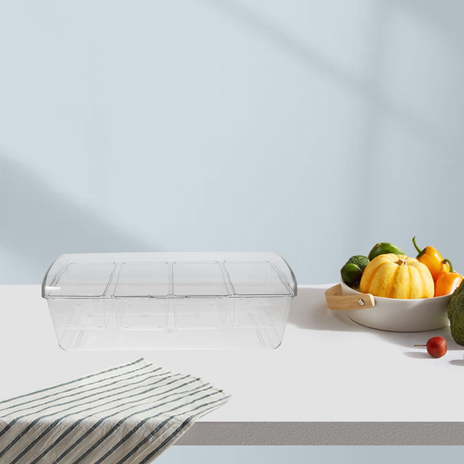Housoutil Contenitore per Insalata Refrigerato Trasparente con 4 Scomparti Separati, Set Portacondimenti con Coperchio in Plastica, Organizer Alimenti per Picnic, Barbecue e Riunioni