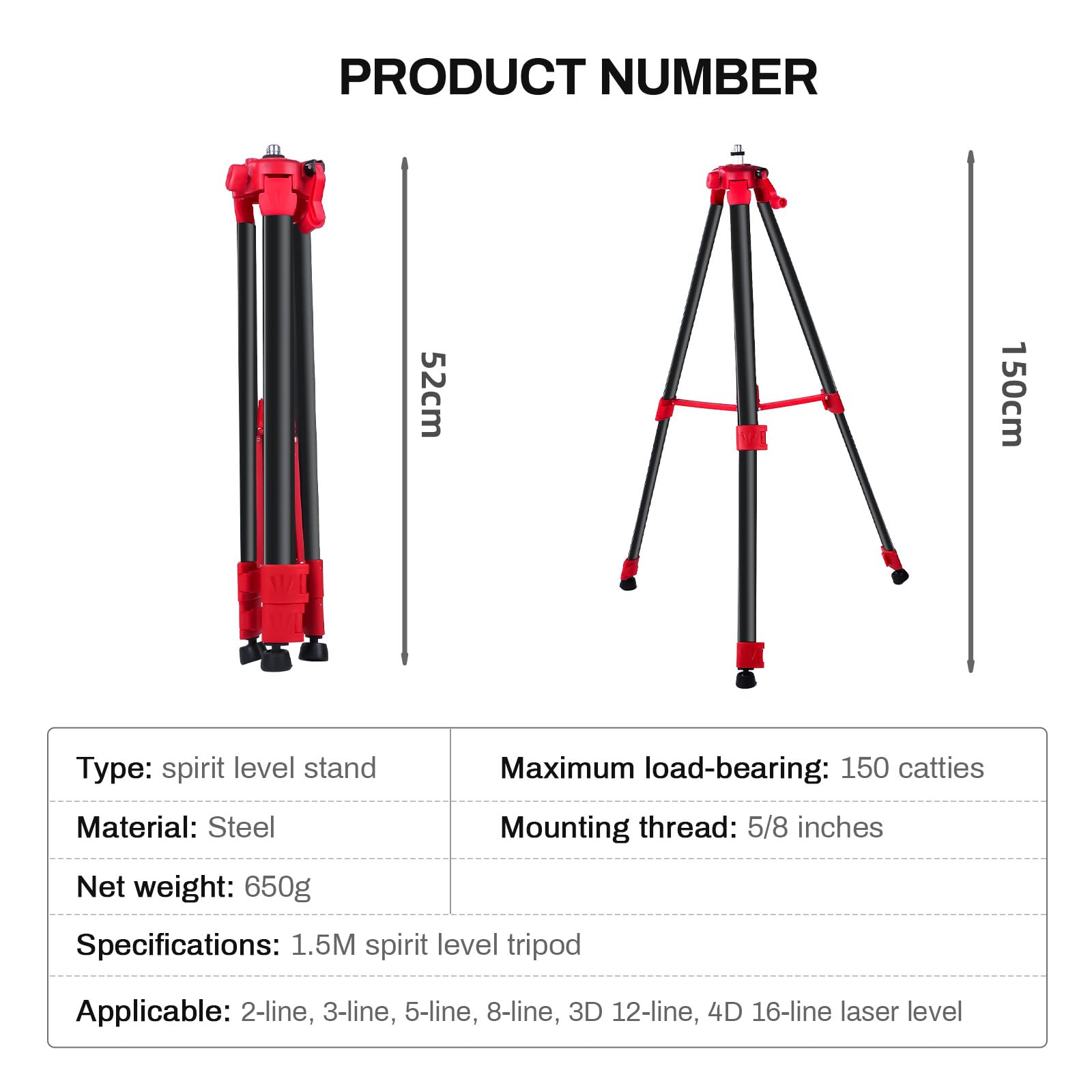 Trepied Chantier 150cm pour Niveau Laser, Pied de Laser Télescopique, avec Filetage 5/8" à 1/4", Trépied Réglable Portable pour Atelier, Garage