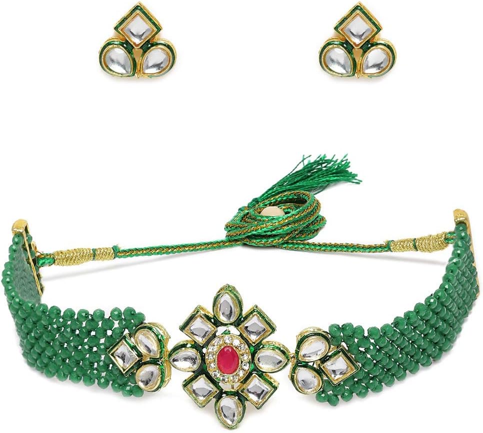 ZAVERI PEARLSGreen Crystal Shine Beads & Kundan Ethnic Choker Necklace & Earring Set For Women-ZPFK9965, Onesize