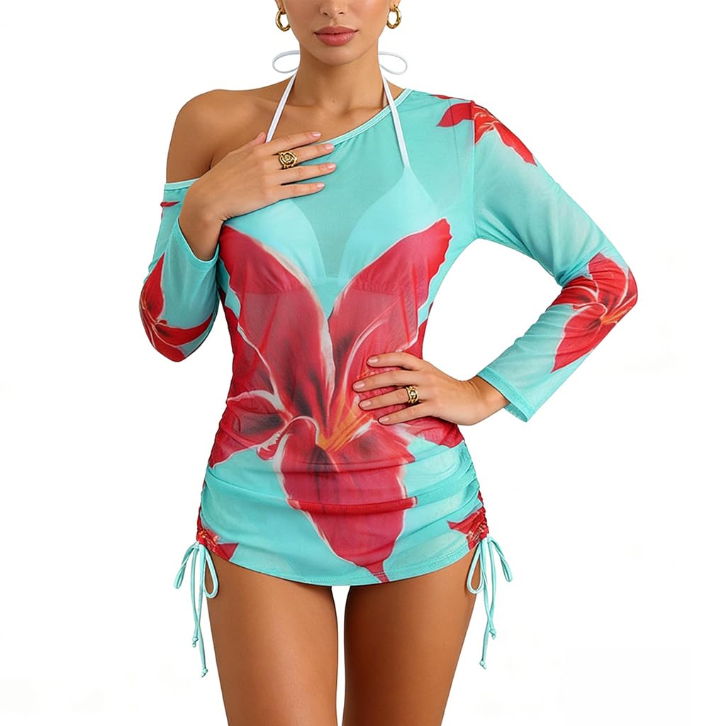 Beach Bikini Set Swimwear Cover Up, Set of 3, Sheer Mesh Floral Mini Dress Cover-Up, Bikini Top and Low Rise Bottom, Ruched Bodycon Hibiscus Print Dress Coverup for Beach, Pool, Resort-image-44