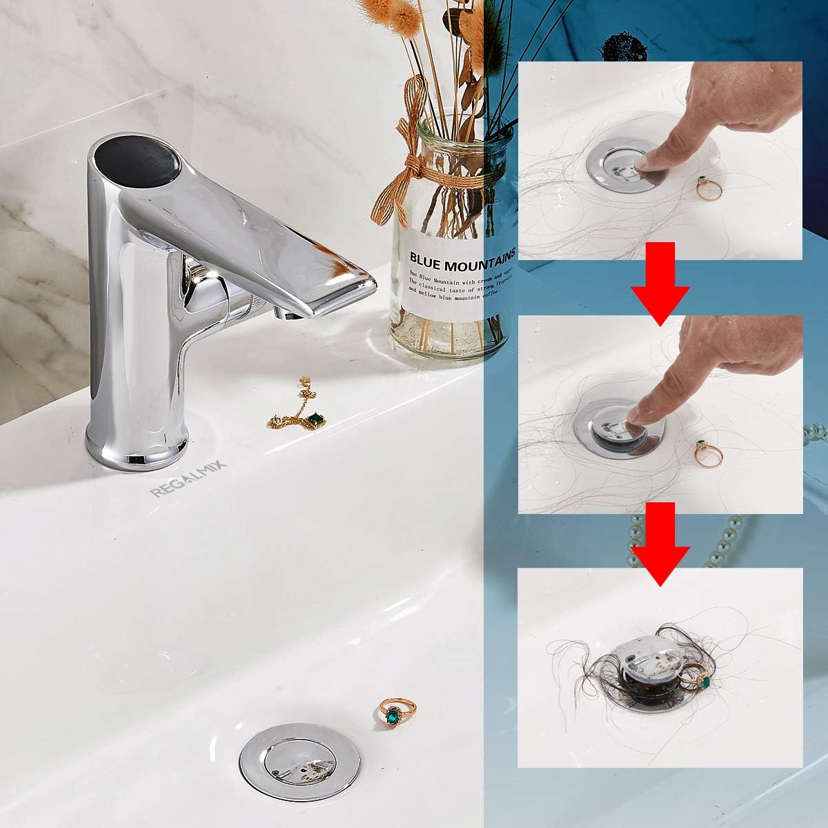 REGALMIX Pop Up Drain, Bathroom Faucet Vessel Vanity Sink Drain Stopper, Built-in Anti-Clogging Strainer, Polished Chrome Without Overflow,Fits Standard American Drain Hole(1-1/2" to 1-3/4") R085A-CP