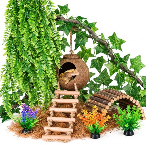 HERCOCCI Crested Gecko Tank Accessories, Reptile Hanging Plants Vines with Natural Coconut Shell Hideout & Climbing Ladder Decor for Hermit Crab Lizard Leopard Gecko Chameleon Snake Terrarium Decor