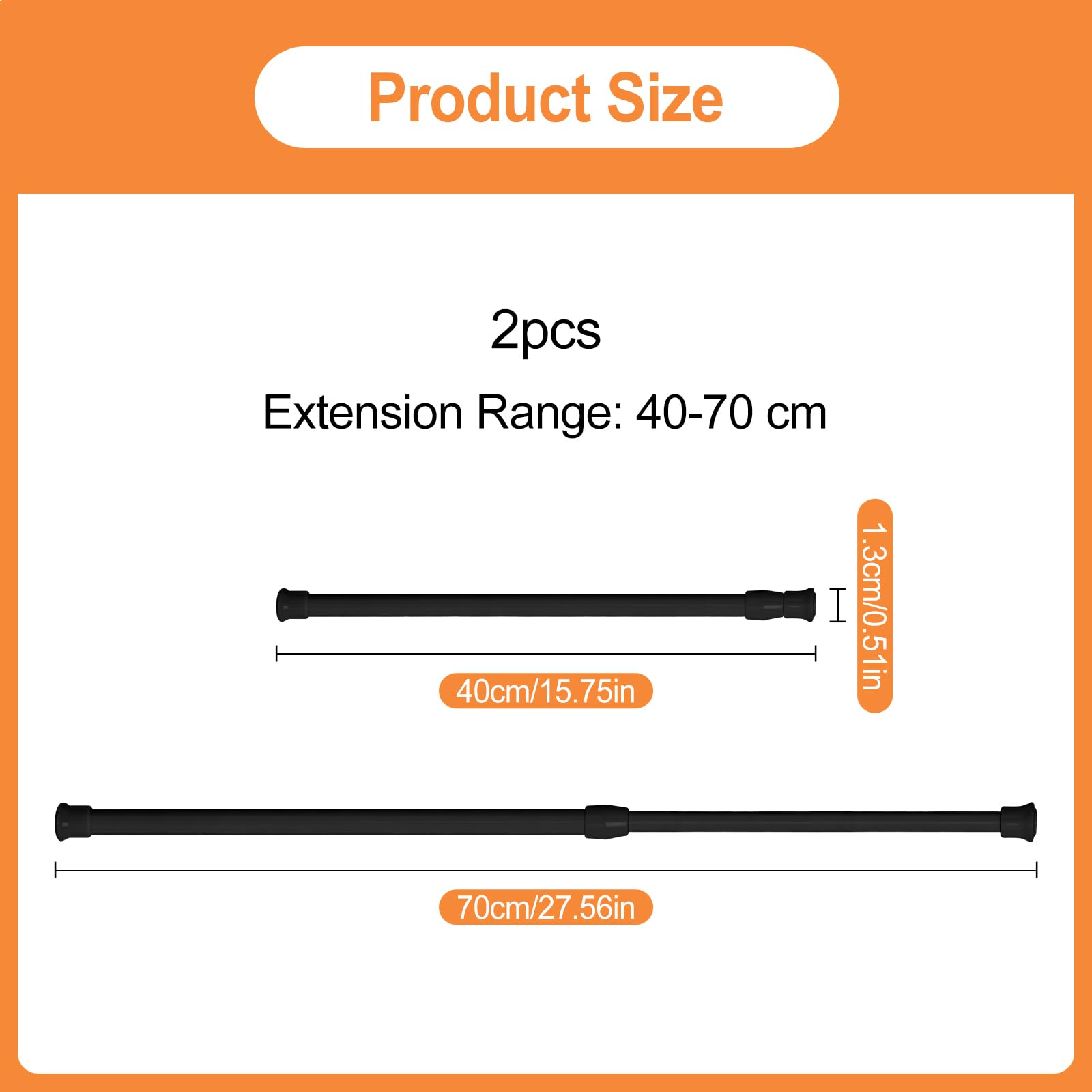 2 Pezzi 40-70 cm Bacchette per Tende a Vetro Senza Forare, Bastone per Tenda Estensibile, Aste per Tende Estensibili, Bastone Tenda a Pressione, per Armadi, Finestre, Libreria (Nero)