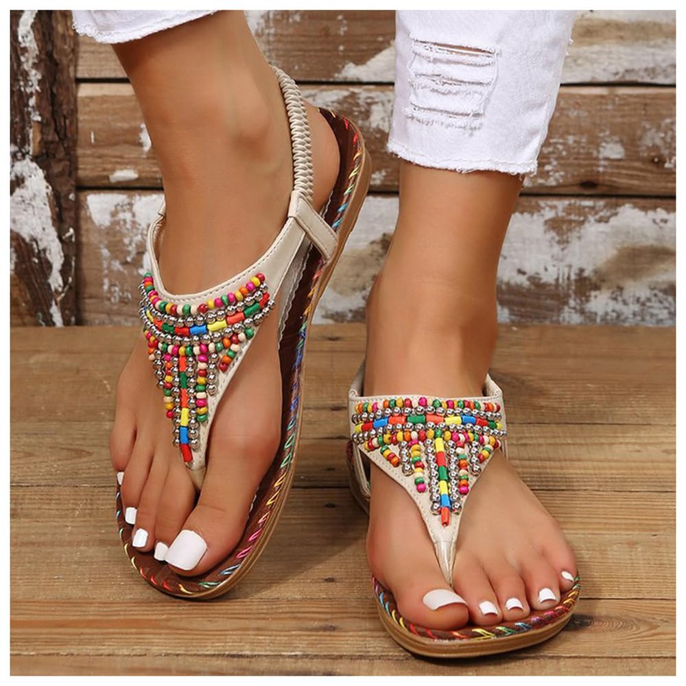 Drimee Women's White Flat Sandals Clip Toe Summer Folk Bohemia Flip Flops Ankle Elastic Rhinestone Beaded Thong Leather Sandals Sandals Summer Bohemia Plat Shoes,,Us6/Eu37