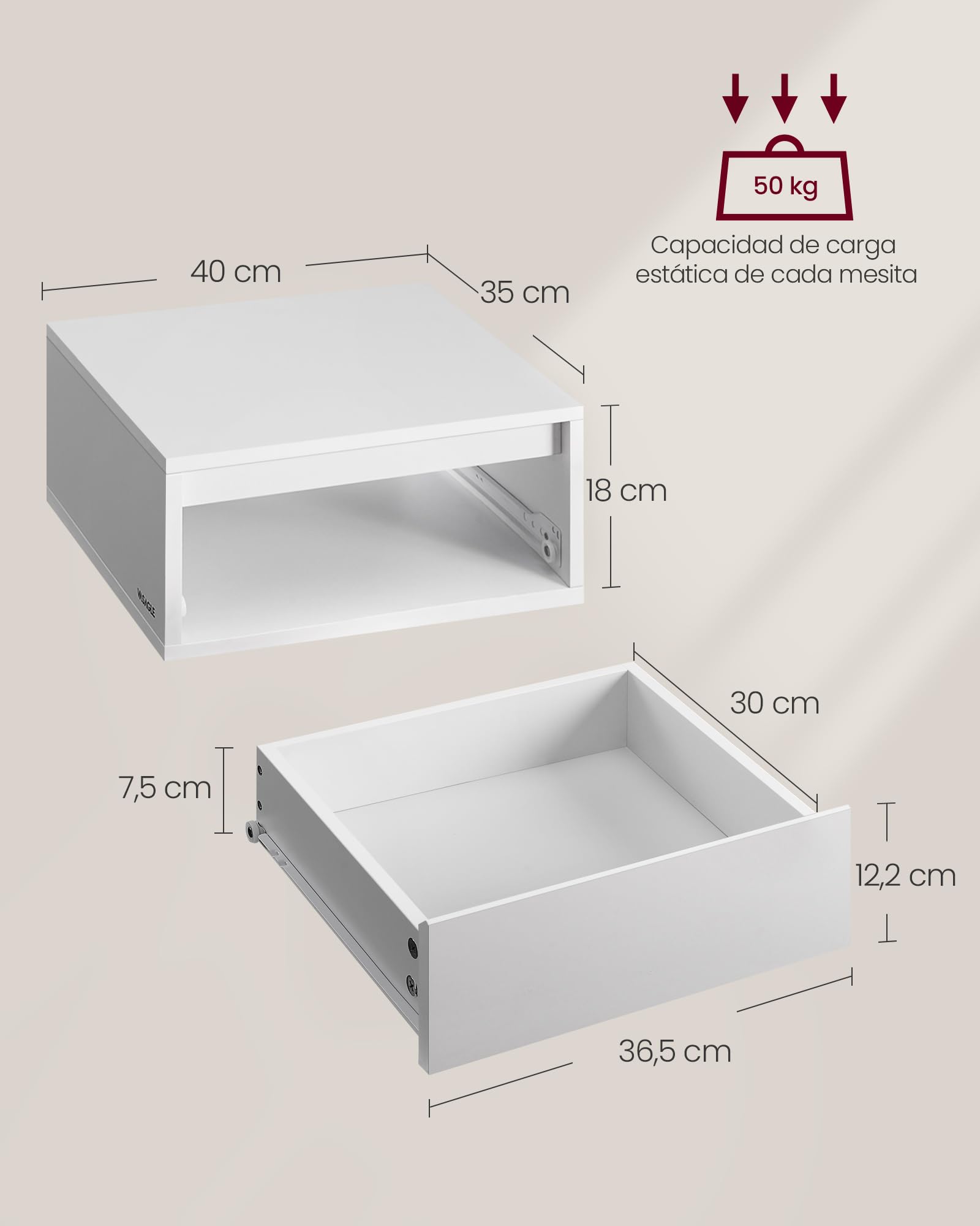 VASAGLE Kailyn Colección - Mesita de Noche Colgante, Luz con 3 Pantallas, Estante de Pared con Cajón, 35 x 40 x 18 cm, Estilo Moderno, Sala de Estar, Dormitorio, Blanco Nube LET654W01