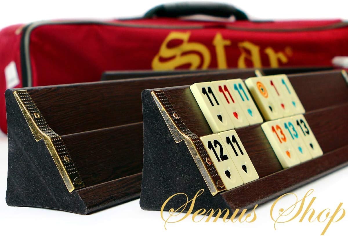 Semus Premium Holz Rummy/Okey Set – Dunkles Ahsap Okey Takimi mit handbemalten Melamin-Steinen, 104 Spielsteine, 2 Joker, 4 Aufsteller, Würfel, Tragetasche & Zubehör