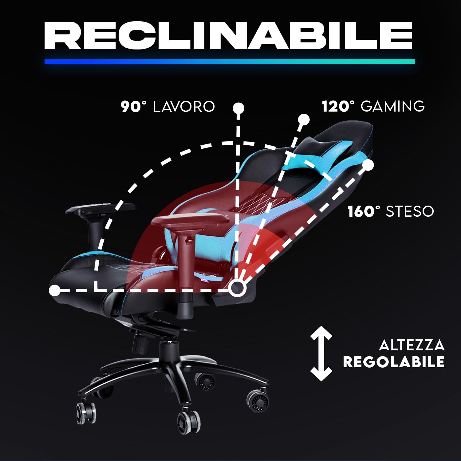 KLIM eSports - Sedia gaming blu di Alta Qualità + Supporto Lombare e Cervicale + Reclinabile + Poltrona Gaming Ergonomica e Regolabile + Pelle Sintetica e Materiali Premium [NUOVA VERSIONE]