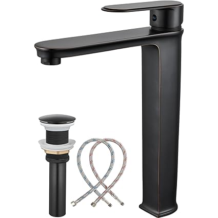 Oil Rubbed Bronze Bathroom Faucet Single Handle Tall Body Spout Lavatory Vanity Vessel Sink Faucets One Hole Deck Mount Basin Mixer Tap Brass Modern with Pop Up Drain Included