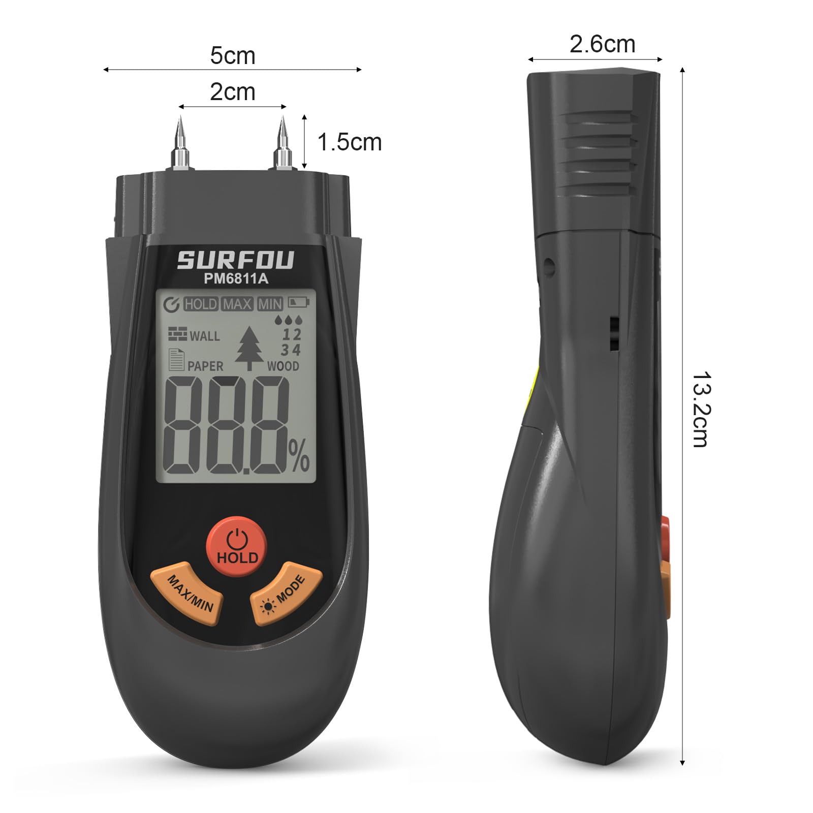 SURFOU Testeur Humidité pour Mur, Bois et Papier, Humidimètre Portable avec 3 Modes, Écran LED et Alarme Tricolore, Hygrometre pour Construction, Bricolage et Rénovation