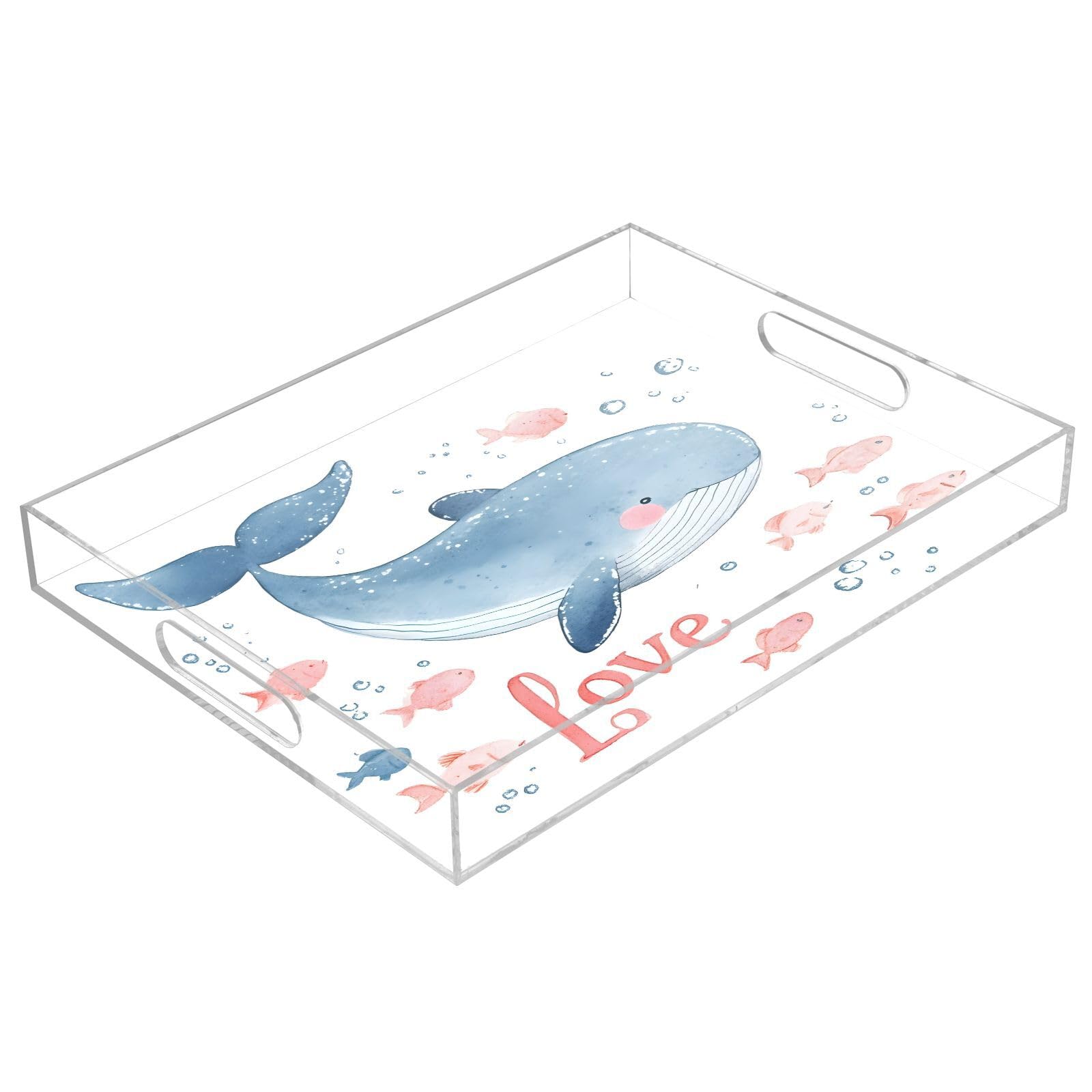 BOESI Watercolor Cute Whale Pattern Acrylic Decorative Dining Tray, Acrylic Decorative Tray Organizer with Handle for Kitchen, Dining Room, Bathroom, Dresser