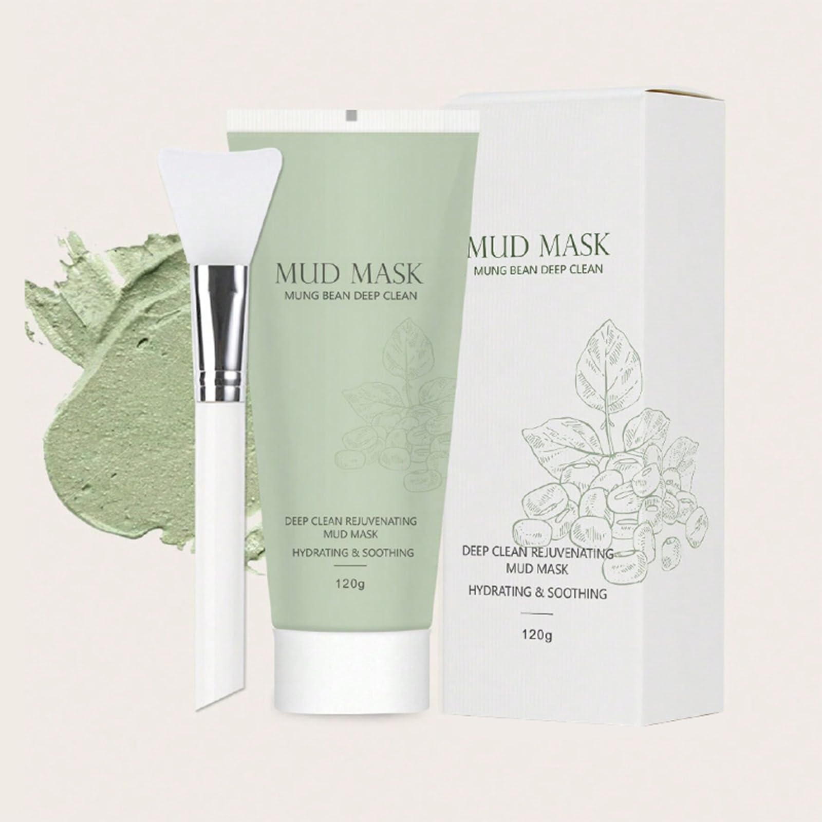 Mung Bean Deep Clean Mud Mask - Deep Clean Rejuvenating Mud Mask, Hydrating & Soothing, Clay Mask With Brush For Face Pore Deep Cleaning Brightening Mud Mask Blackhead Removal Mask 120g