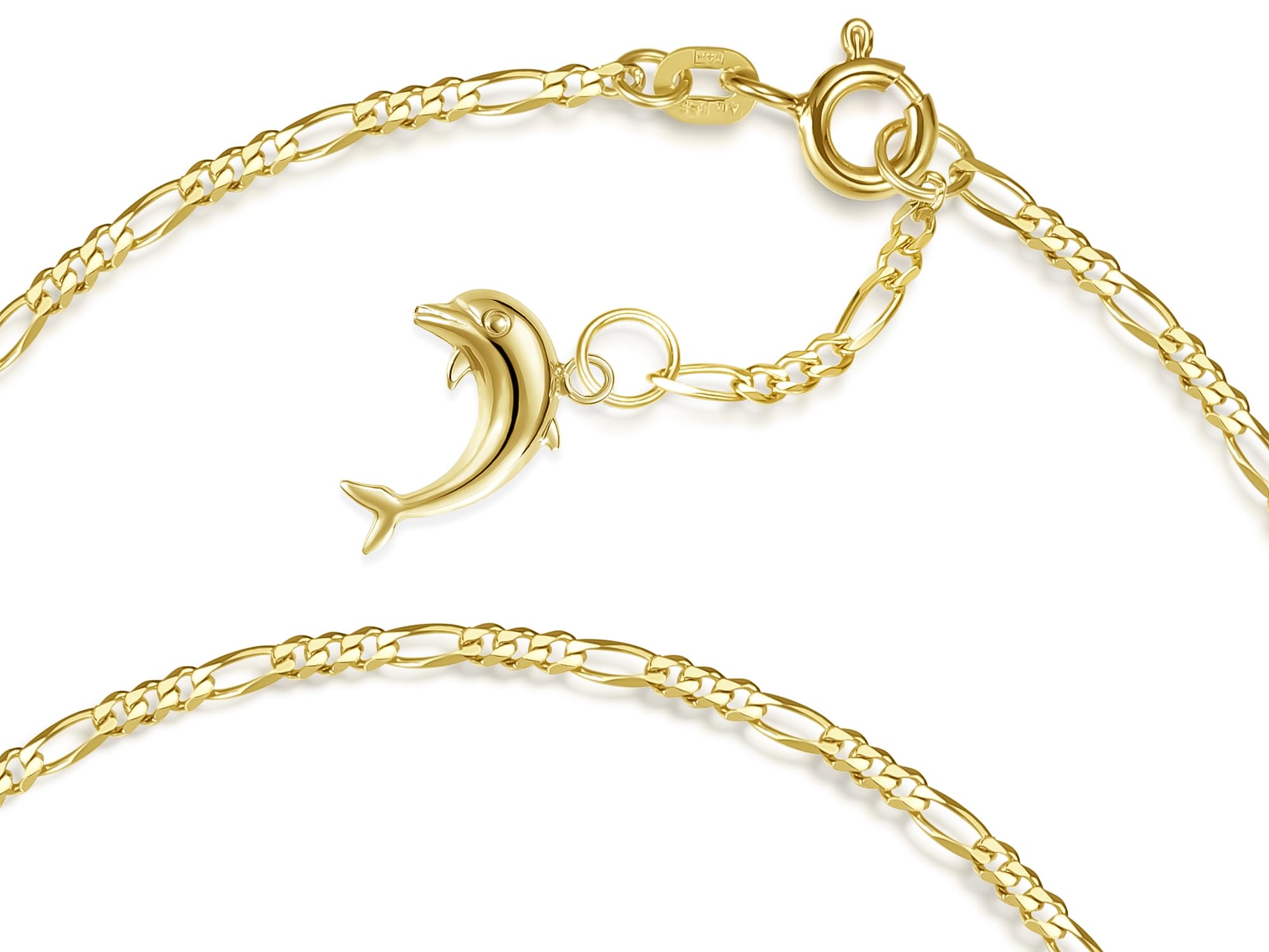 Fußkette Figaro Breite 2mm mit kleinem Anhänger Delfin | aus echt 585 Gold | hochglanzpolierte Fußkette | Echtgold mit Federringverschluß