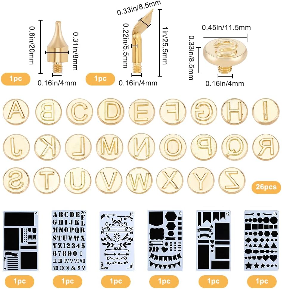 GORGECRAFT 28PCS Wood Burning Tips Set Matte Gold Letters Uppercase Alphabet Branding Hollow Hot Stamps Iron Tips 6PCS Drawing Stencil Template for DIY Embossing Tools Carving Craft