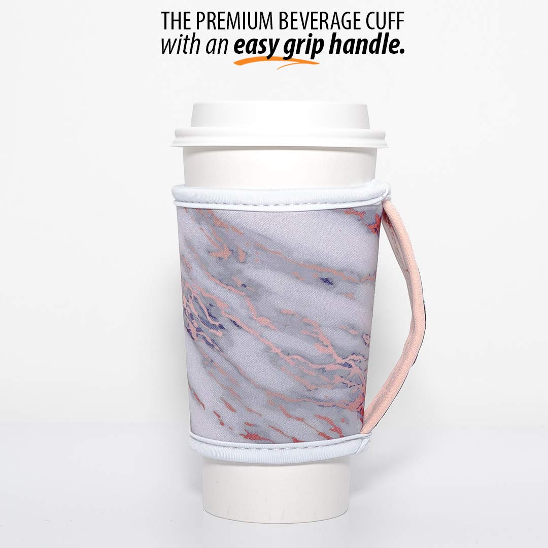 GoCuff Hot And Iced Coffee Cup Reusable Sleeves Neoprene Insulator with Handle for Cold And Hot Beverage Coozies For Soda, Latte, Tea and Other Coffee Cups – Rose Gold Marble Medium: 14-28 oz